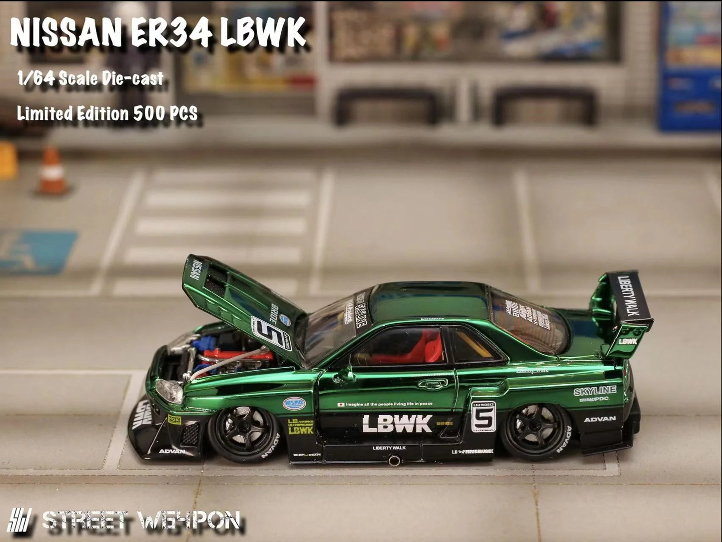 Street Weapon 1:64 Nissan LBWK ER34 Special Edition - Chrome Green