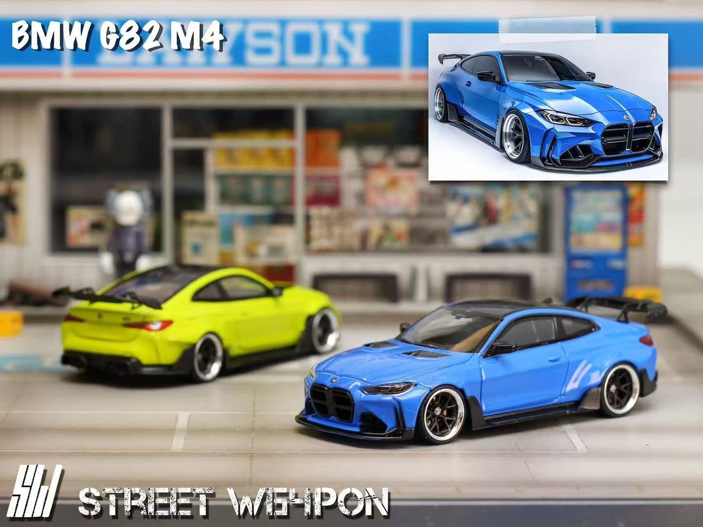 Model cars of BMW G82 M4 with a blurred store background