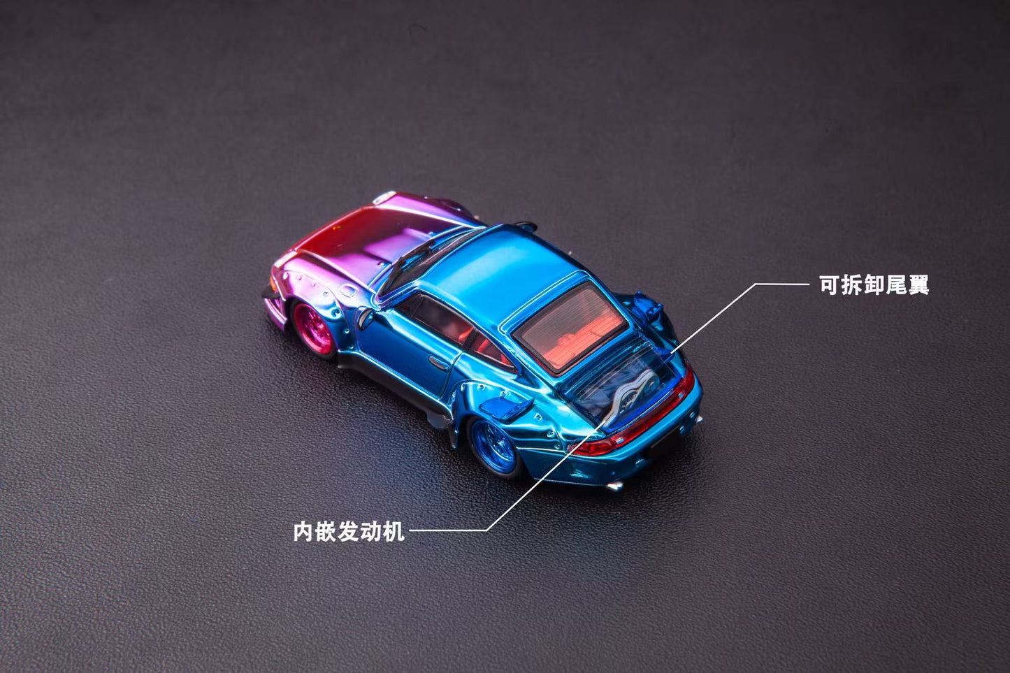 Colorful toy car model on a dark background with text labels