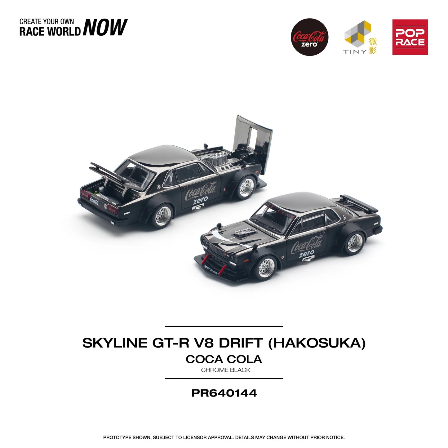 Pop Race 1:64 Nissan Skyline GT-R V8 Drift (Hakosuka) Coca Cola Zero Chrome Black PR640144