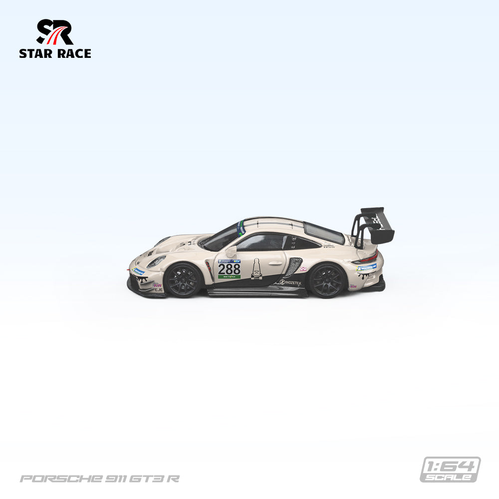 Model car of Porsche 911 GT3 R with 'Star Race' branding on a white background