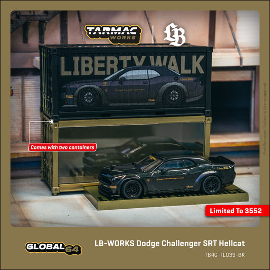 Tarmac Works 1:64 LB-WORKS Dodge Challenger SRT Hellcat Black Metallic with 2 containers T64G-TL039-BK