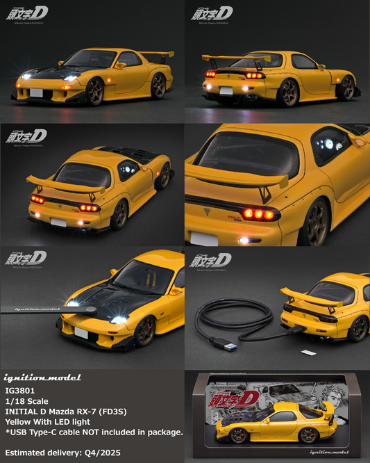 (Preorder) Ignition Model 1:18 INITIAL D Mazda RX-7 (FD3S) Yellow with LED light IG3801