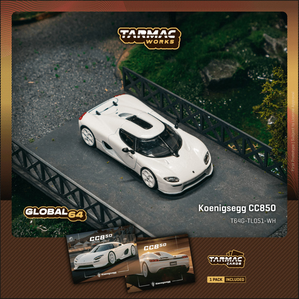 (Preorder) Tarmac Works 1:64 Koenigsegg CC850 White Model Car + Trading Cards Combo Set T64G-TL051-WH