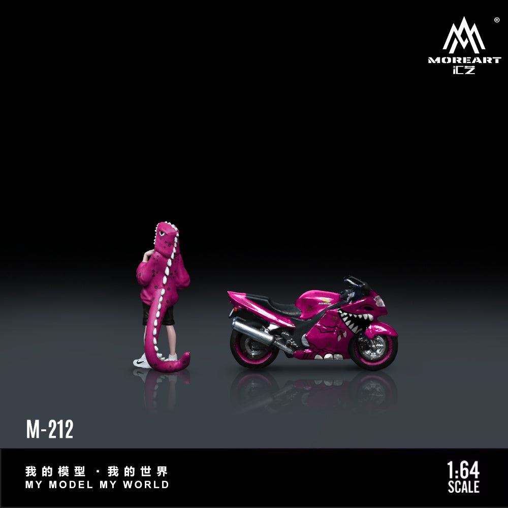 Model figure of a person with a pink creature and a pink motorcycle on a dark background, featuring the Moreart CZ logo.