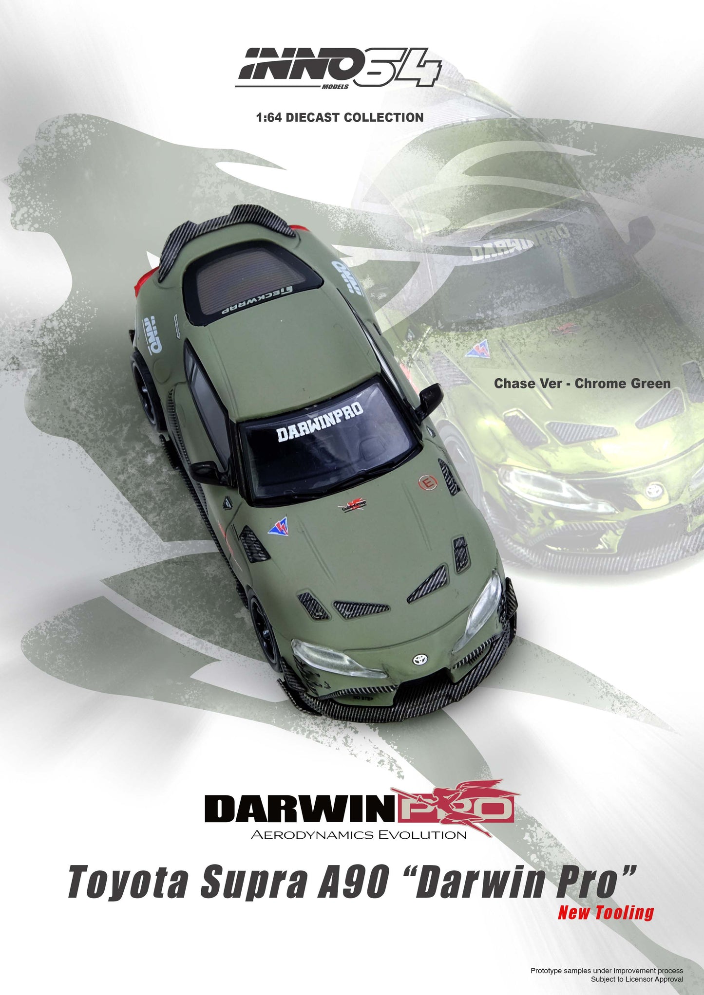 Model toy car of Toyota Supra A90 with 'Darwin Pro' branding on a white background.