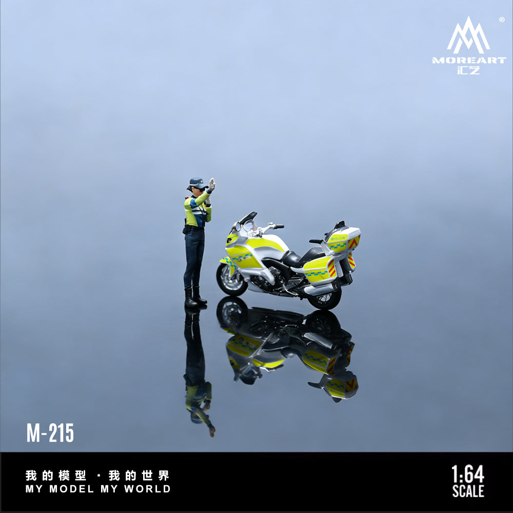 Model figure of a police officer with a motorcycle on a reflective surface, branded 'Morganitz'.