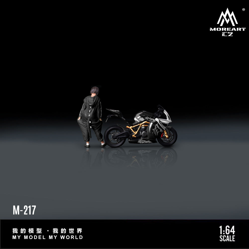 Model motorcycle and figure on a reflective surface with 'MOREART' branding.