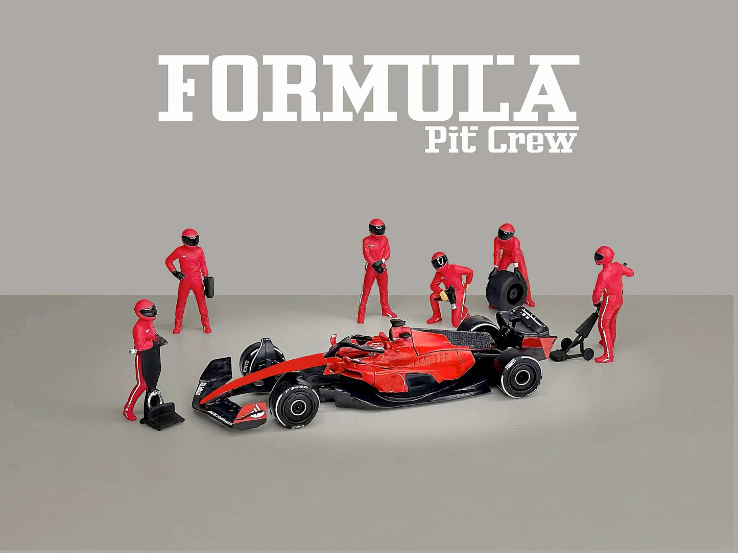 Model pit crew figures around a Formula 1 car on a gray background with 'Formula Pit Crew' text.