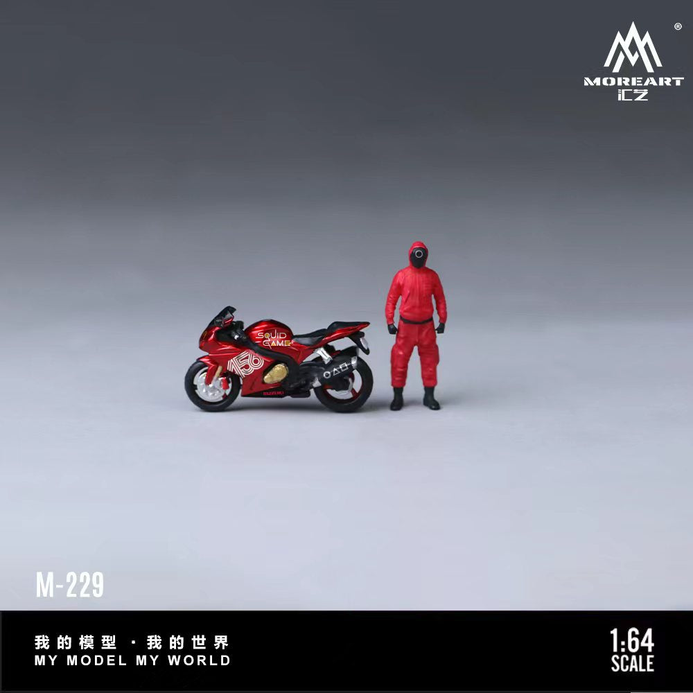 Model motorcycle and figure in red outfit on a gray background with 'MoreArt' branding.