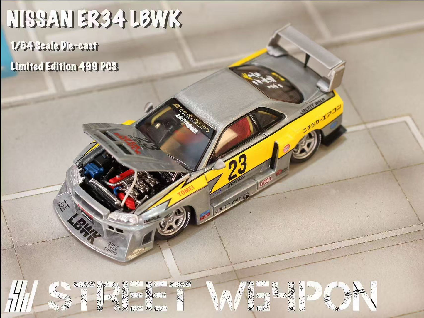 (Preorder) Street Weapon 1:64 Nissan LBWK ER34 Lightning Livery Raw Metal Version