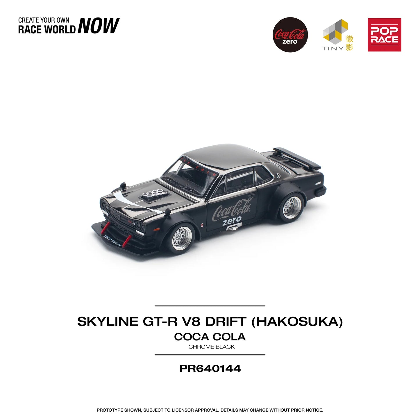 Pop Race 1:64 Nissan Skyline GT-R V8 Drift (Hakosuka) Coca Cola Zero Chrome Black PR640144