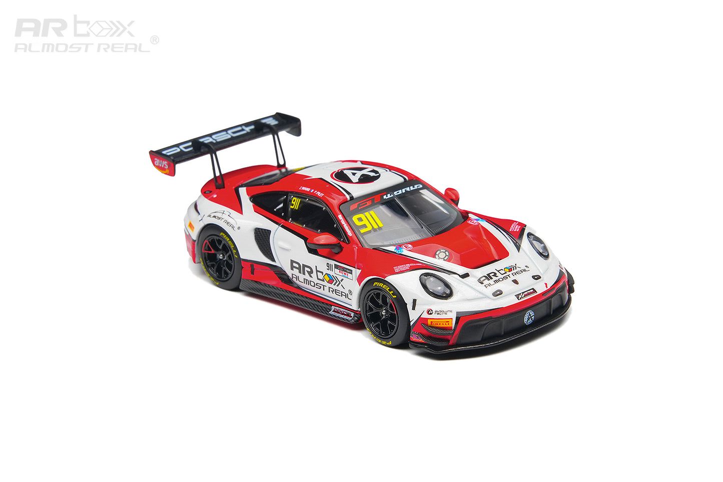 A scale model of a red, white, and black Porsche 911 GT3 race car with ARBOX and other racing sponsor decals, shown on a clean white background.