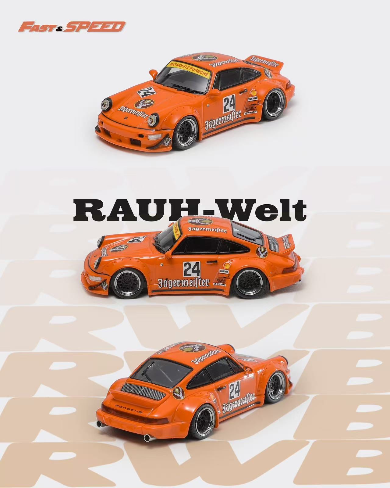 Three orange model cars with 'RAUH-Welt' branding on a light background.