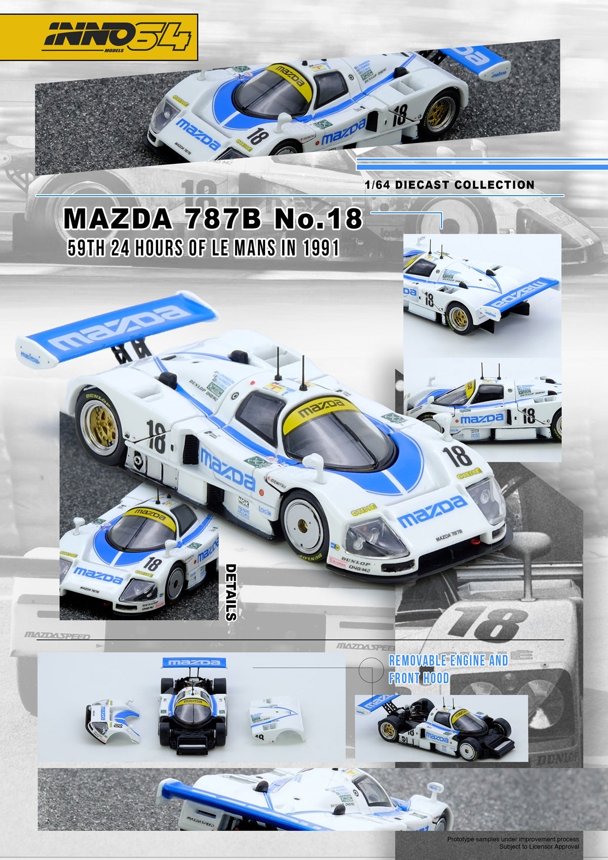 Model of a Mazda 787B race car with detailed features and branding, displayed on a gray background.