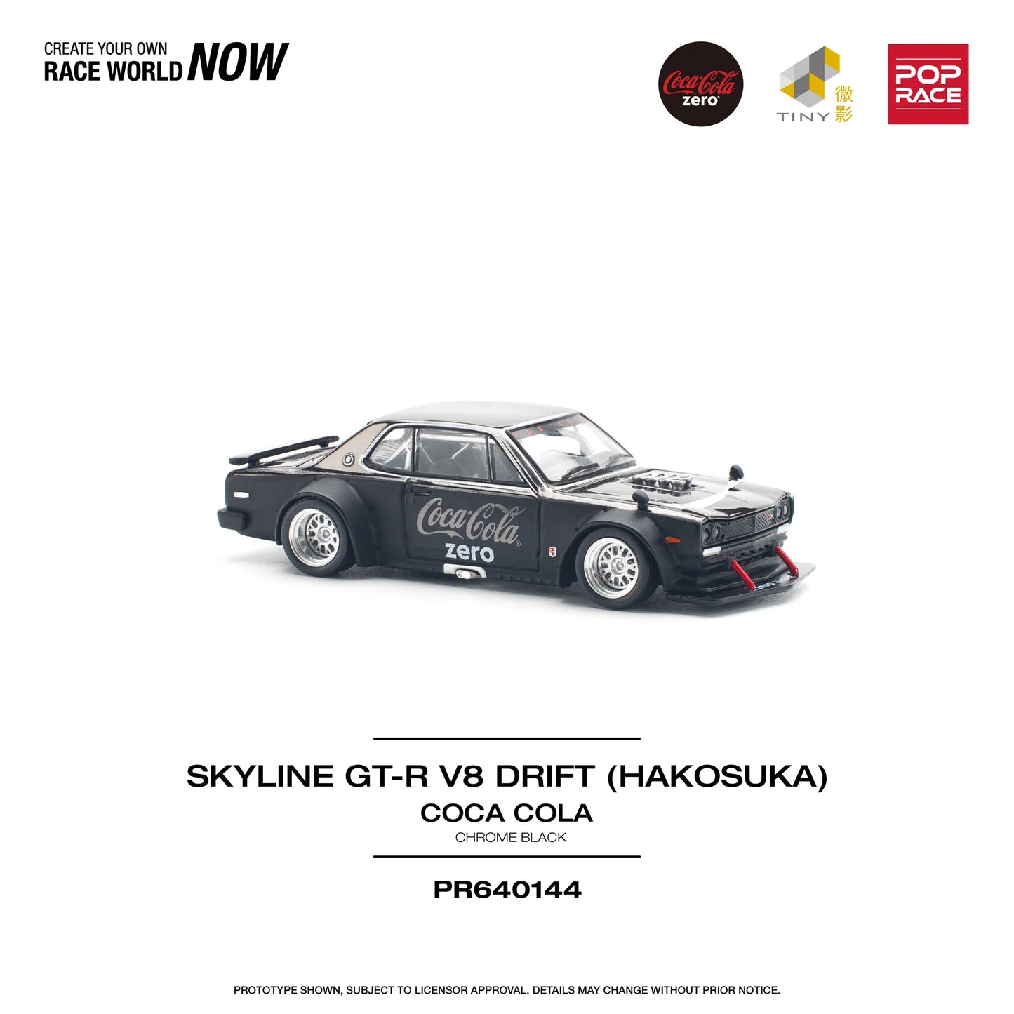 Pop Race 1:64 Nissan Skyline GT-R V8 Drift (Hakosuka) Coca Cola Zero Chrome Black PR640144