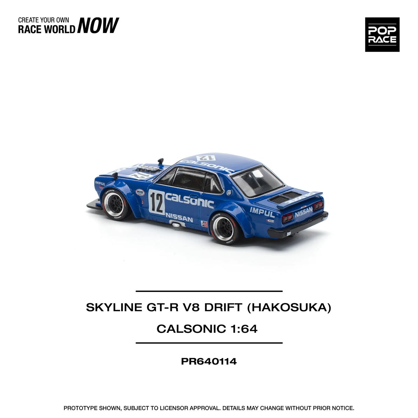 Pop Race 1:64 Nissan Skyline GT-R V8 Drift (Hakosuka) Calsonic PR640114 (Preorder)