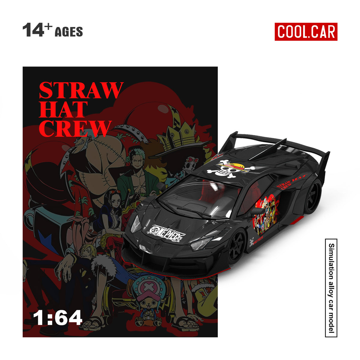 COOL CAR 1:64 Lamborghini Aventador LB-WORKS One Piece Straw Hat Pirates Black diecast model CC643839, front three-quarter view featuring Luffy and crew anime graphics, pirate skull roof design, black racing wheels, red accents, widebody kit, and large rear wing.