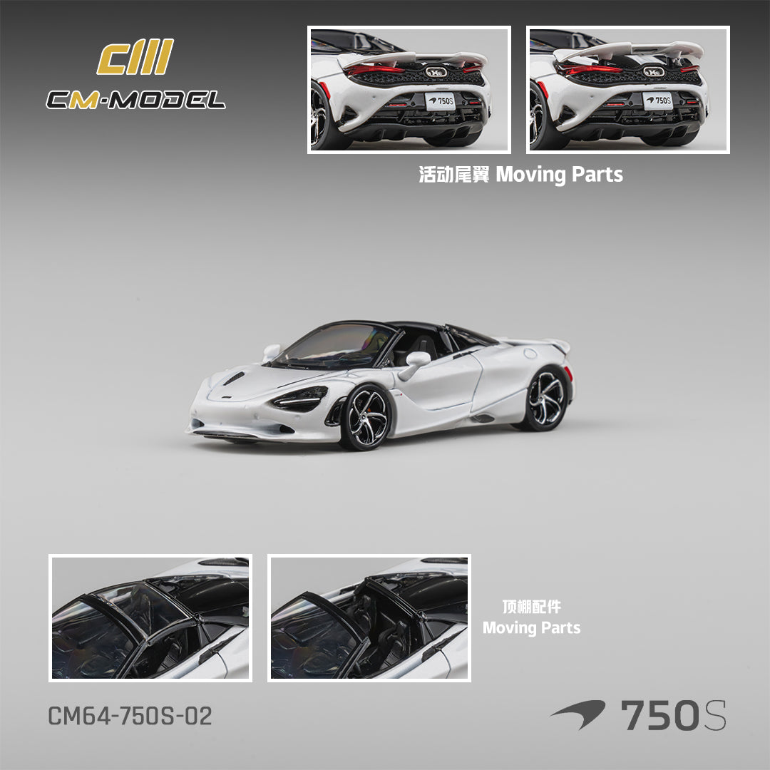 White sports car model with moving parts on a gray background, featuring CM-Model branding.