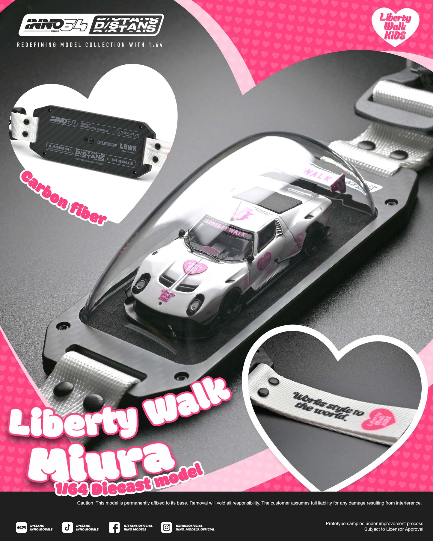 A promotional product shot of a 1:43 scale diecast model car inside a clear display case, branded Liberty Walk Miura. The model is a white sports car with pink graphics.