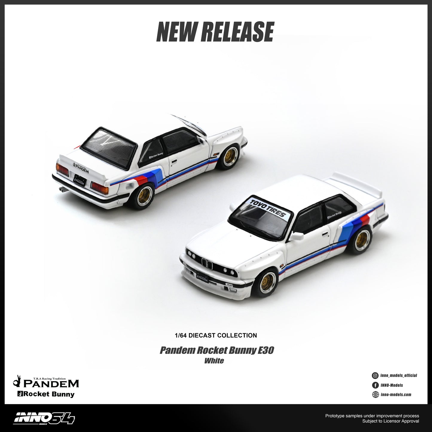 Two 1/64 scale diecast model cars, Pandem Rocket Bunny E30 White, shown on a clean white background with promotional text and logos.