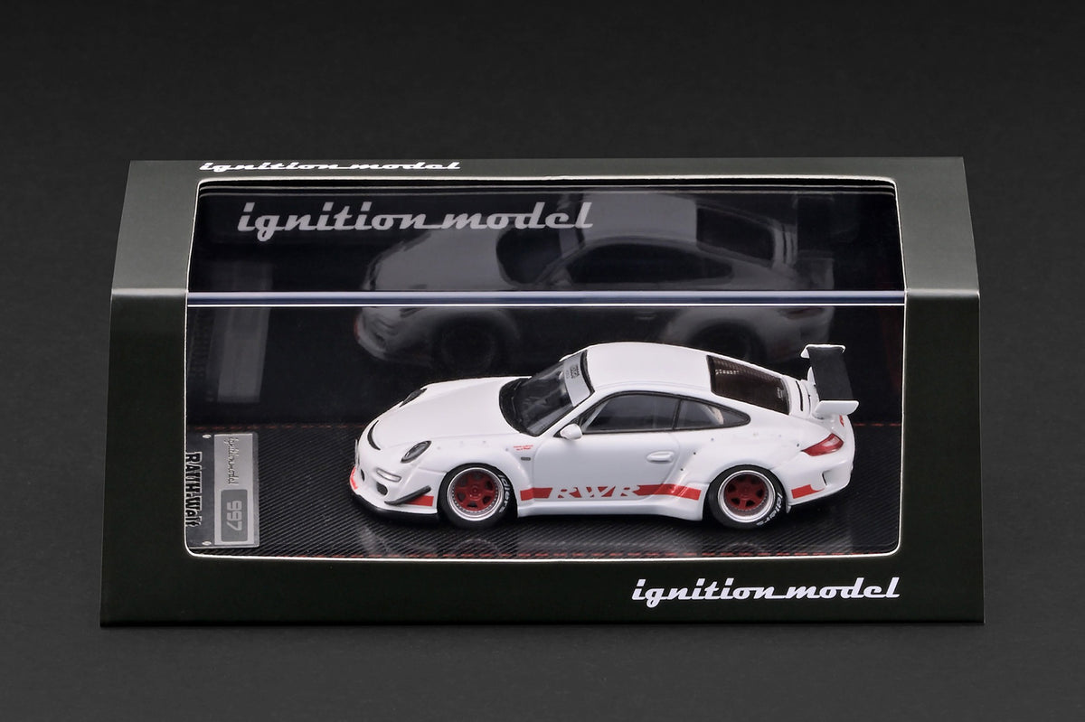 Ignition Model 1:64 RWB Porsche 997 GT3 White IG4099 diecast model displayed in its presentation case, side view with red RWB graphics and wheels.