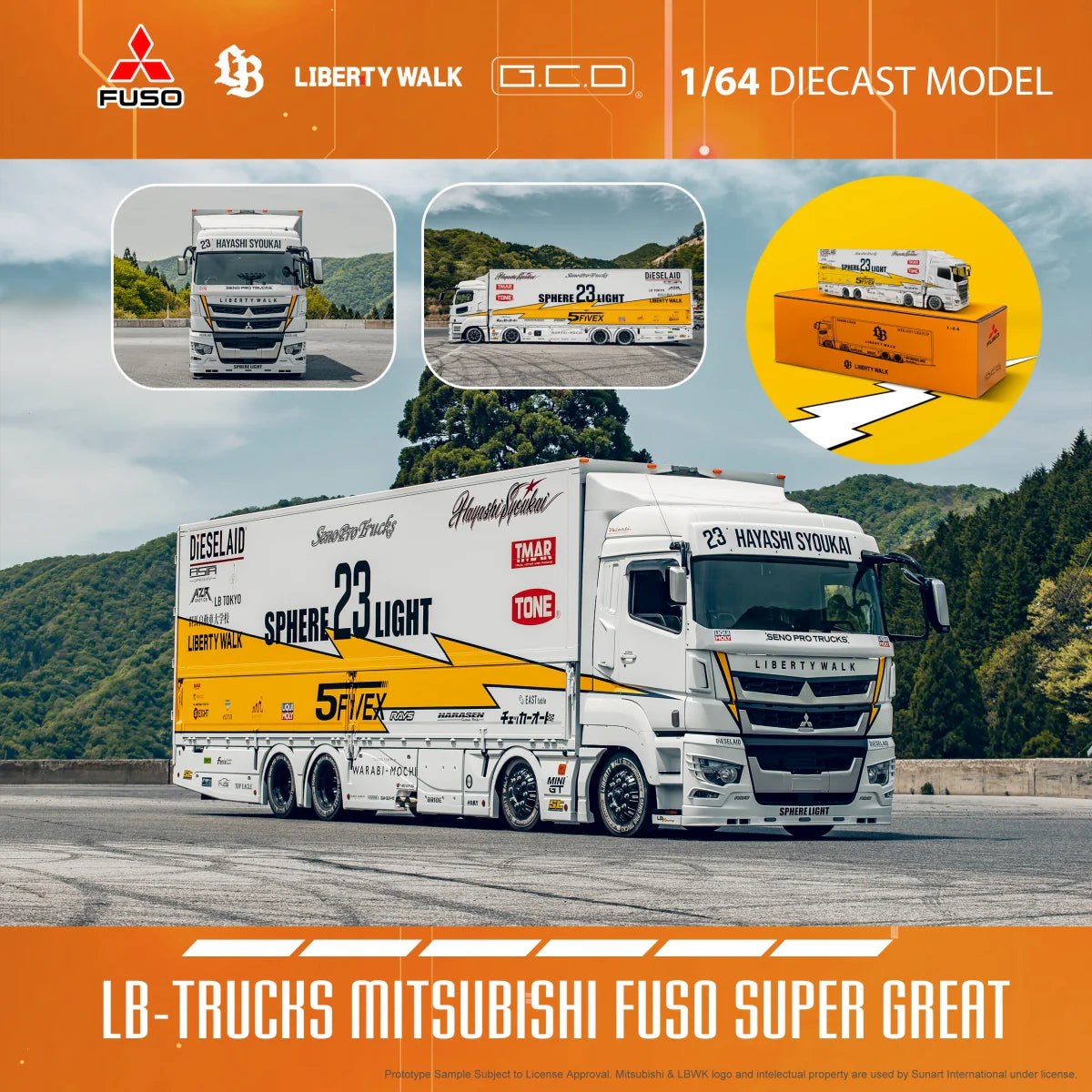 GCD 1:64 LBWK Mitsubishi Fuso Super Great Transport Truck 3 Cars Set + Chase Car