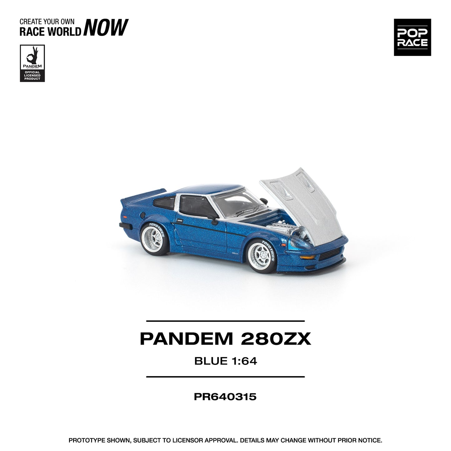 Blue model car Pandem 280ZX on a white background with branding and product details.