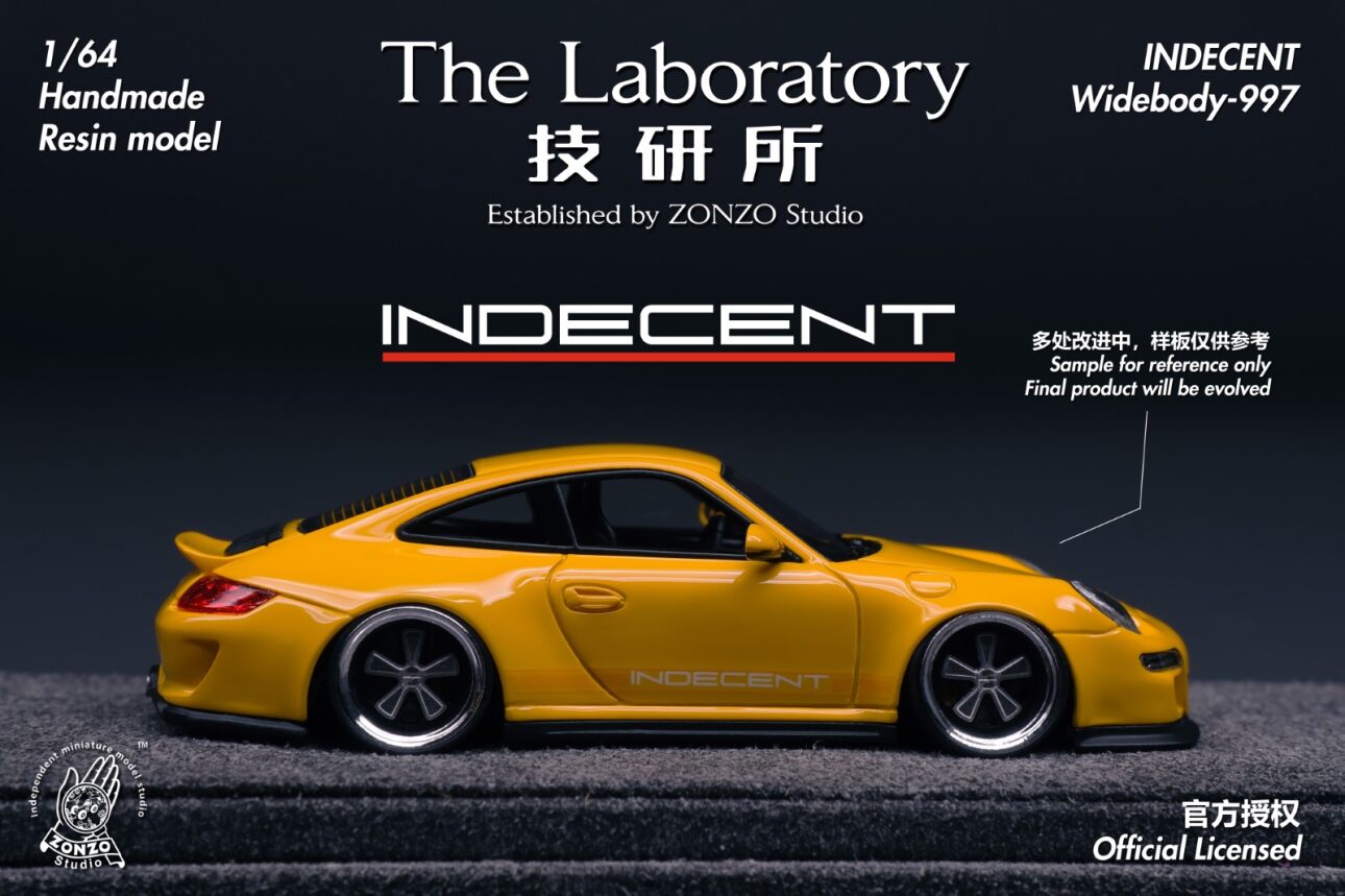 Yellow model car with 'Indecent' branding on a dark background