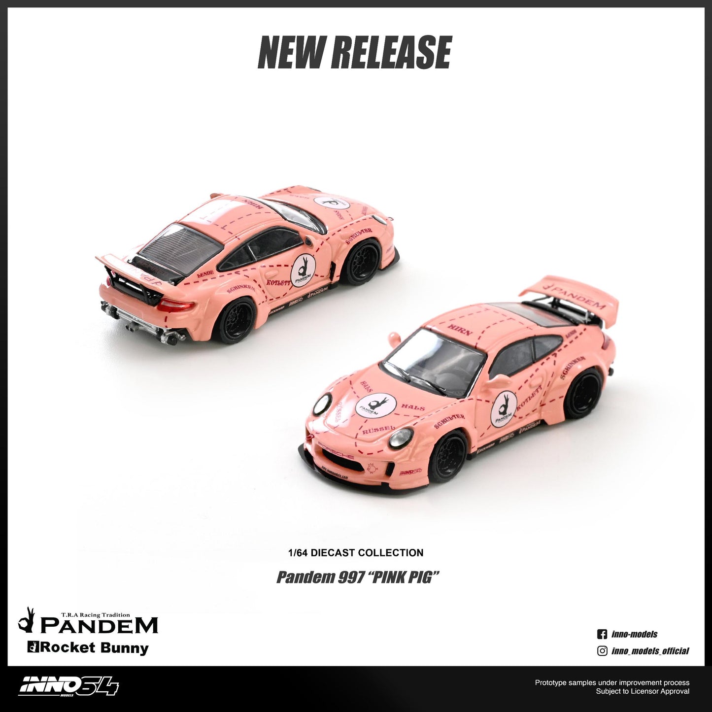 Two pink diecast cars with 'Pandem' branding on a white background