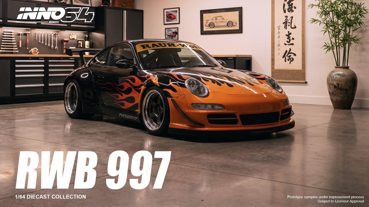 Orange and black sports car with flames in a garage setting, featuring 'INNO64' branding.