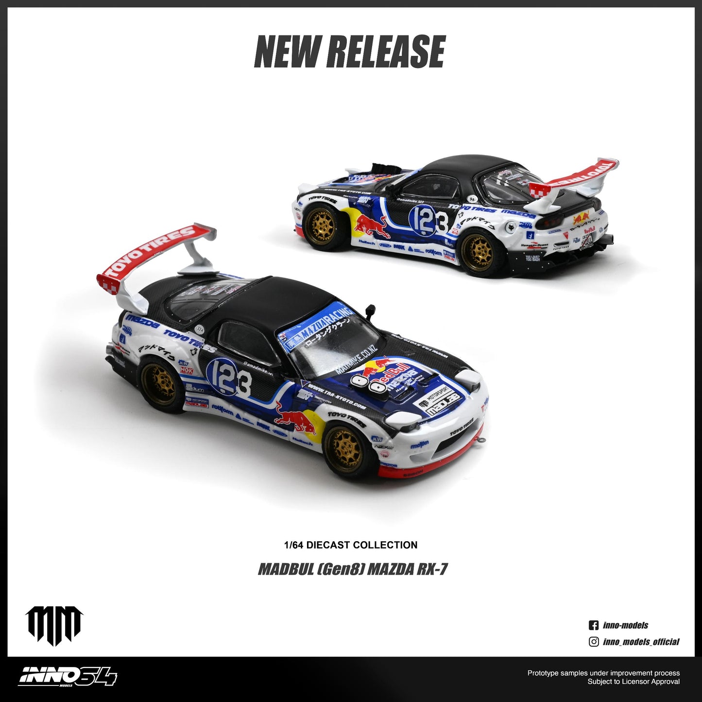 Two model cars with racing livery on a white background, featuring the brand 'Maddbul'.