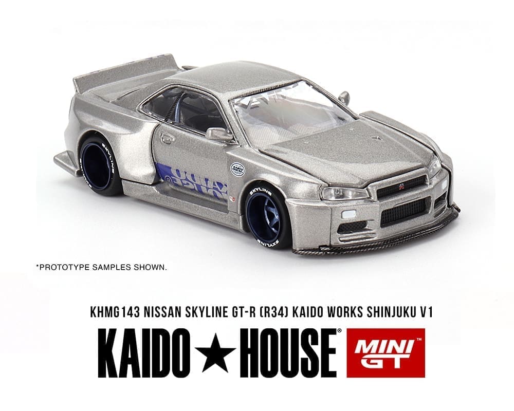 Kaido House x Mini GT 1:64 Nissan Skyline GT-R (R34) Kaido Works SHINJUKU V1 – Silver KHMG143
