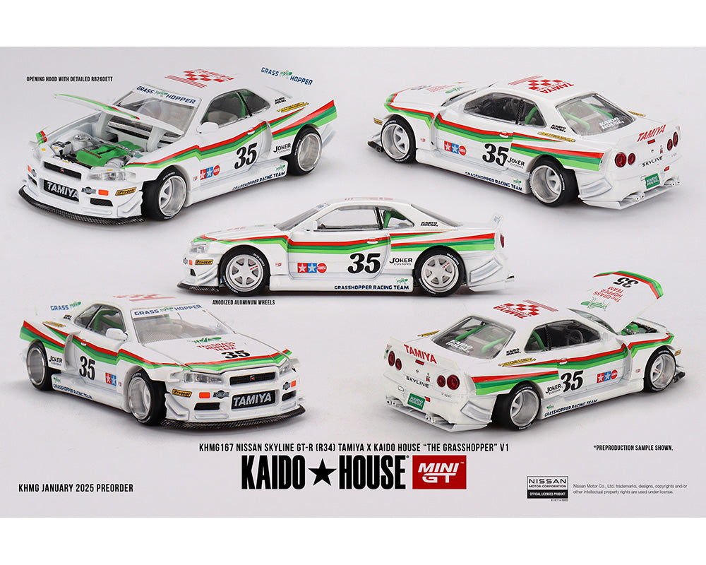Kaido House x Mini GT 1:64 Nissan Skyline GT-R (R34) Tamiya X Kaido House “The Grasshopper” V1 – White KHMG167