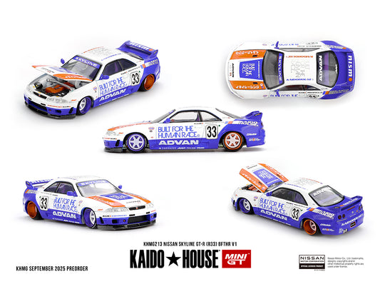 (Preorder) Kaido House x Mini GT 1:64 Nissan Skyline GT-R (R33) BFTHR V1 – White w/ Blue Two-tone KHMG213