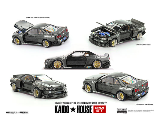 (Preorder) Kaido House x Mini GT 1:64 Nissan Skyline GT-R (R34) Kaido Works GReddy V2 – Black w/ Carbon KHMG222