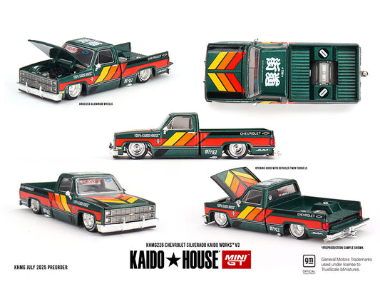 (Preorder) Kaido House x Mini GT 1:64 Chevrolet Silverado KAIDO WORKS V3 -Dark Green KHMG226