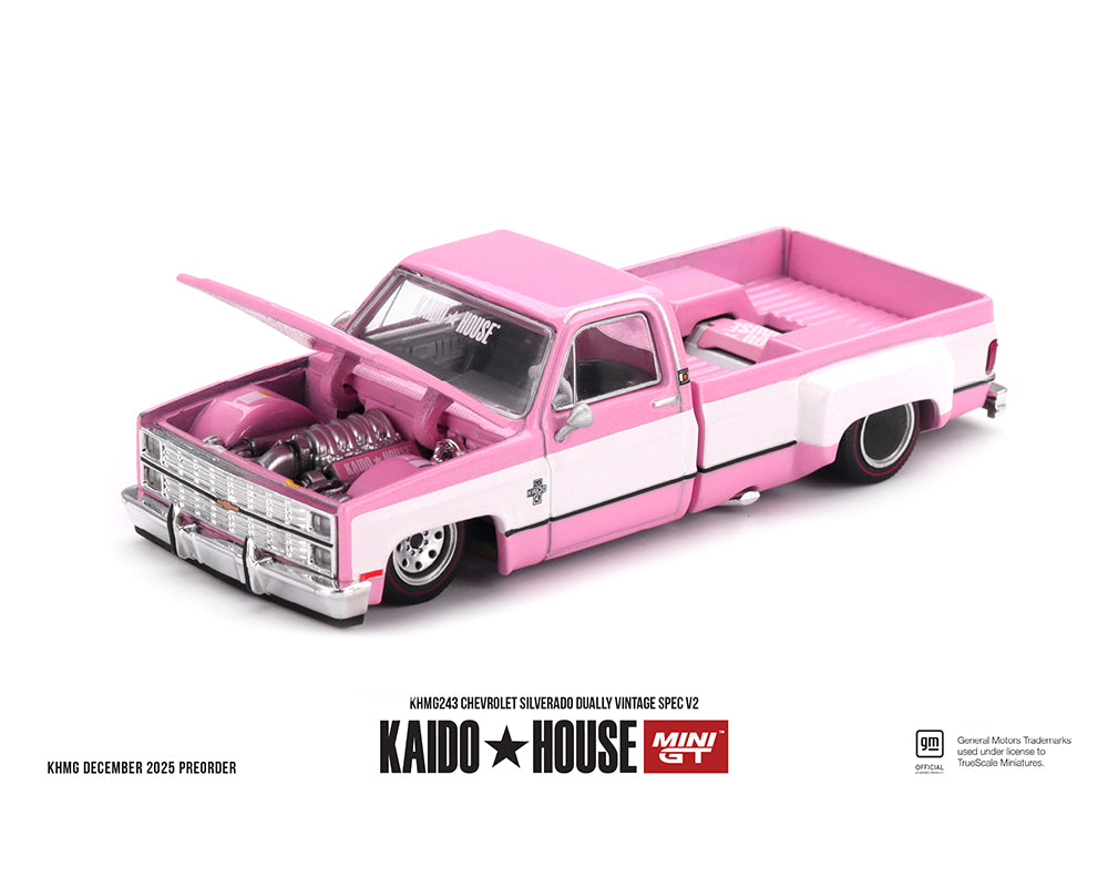 Pink and white model truck with open hood on a white background, featuring Kaido House and Min GT logos.