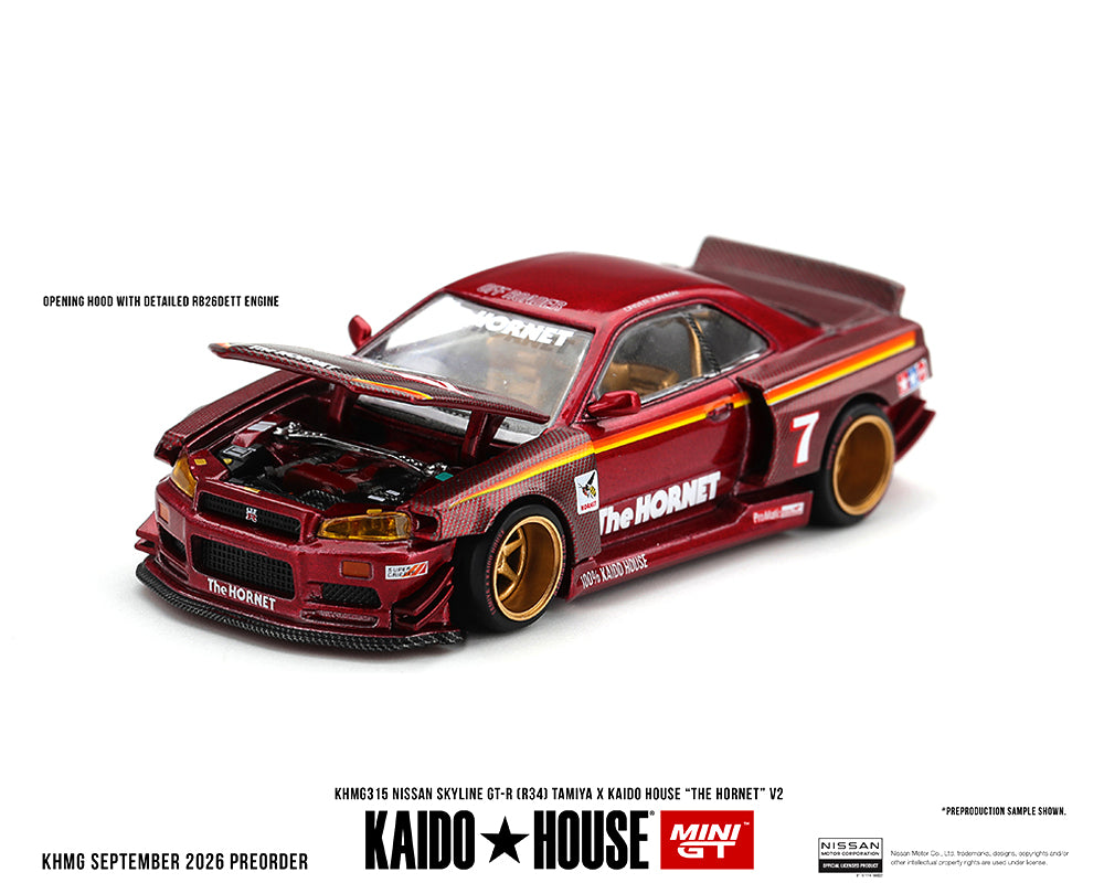Red Kaido House Mini GT 1:64 Nissan Skyline GT-R R34 KHMG315 The Hornet V2 Tamiya livery diecast model with opening hood and detailed RB26DETT engine