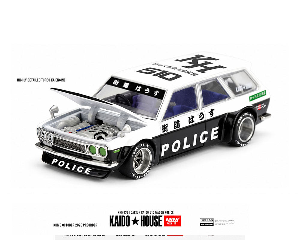 Kaido House x Mini GT 1:64 Datsun Kaido 510 Wagon Police KHMG321 Black and White Diecast Model Car Front Three Quarter View with Opening Hood, Detailed Turbo KA Engine and Custom Wheels
Copy Alt Text