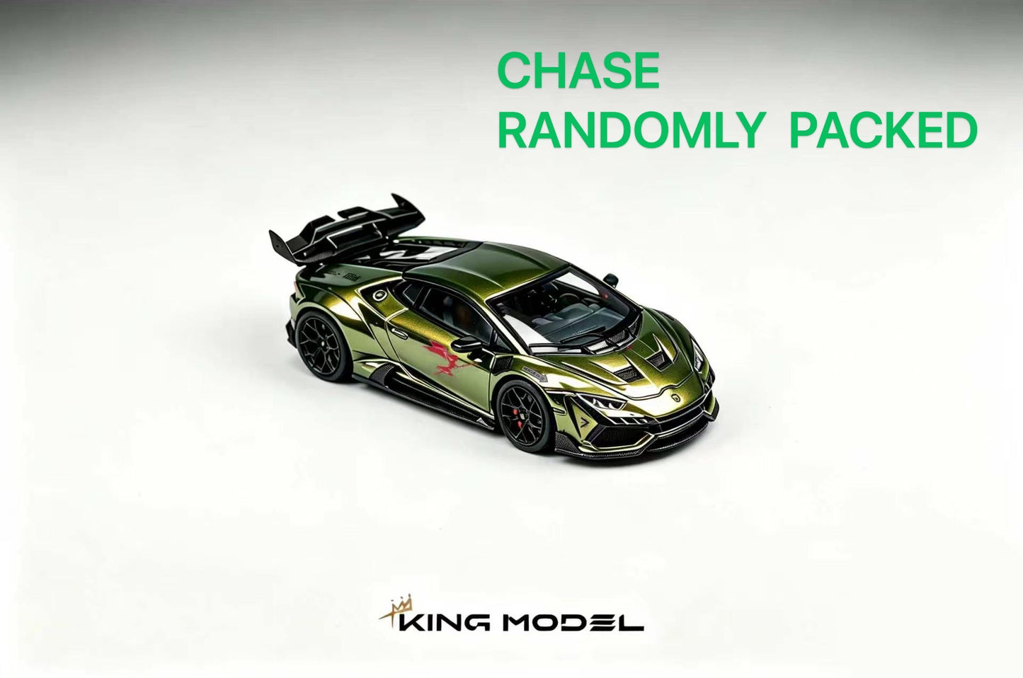 A metallic olive green and black die-cast model sports car, shown from a three-quarters angle on a light gray background. Green text at the top reads 'CHASE RANDOMLY PACKED' and the 'KING MODEL' logo is visible at the bottom.
