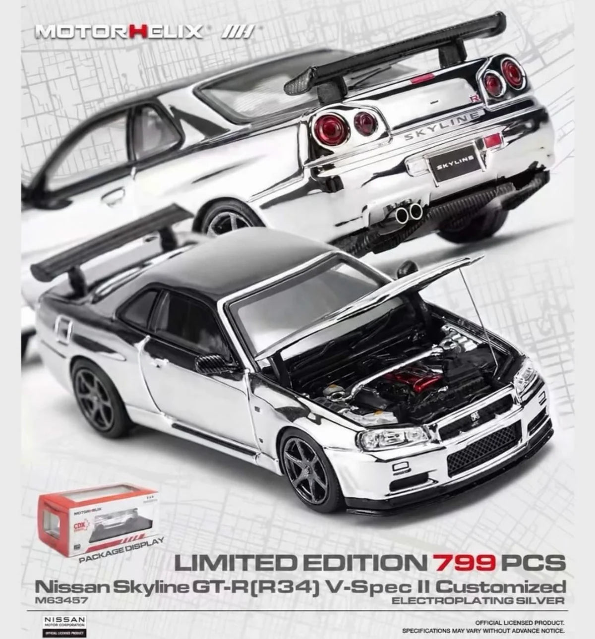 MotorHelix Nissan Skyline GT-R R34 V-Spec II Customized 1:64 diecast model in electroplating silver, CDX limited edition 799 pcs, M63457, opening hood with detailed engine bay and rear wing