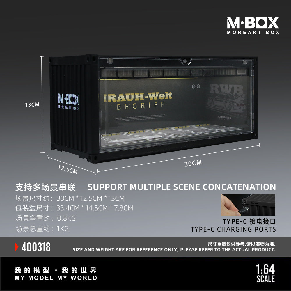 Model container with RWB branding on a dark background, featuring M-BOX branding.