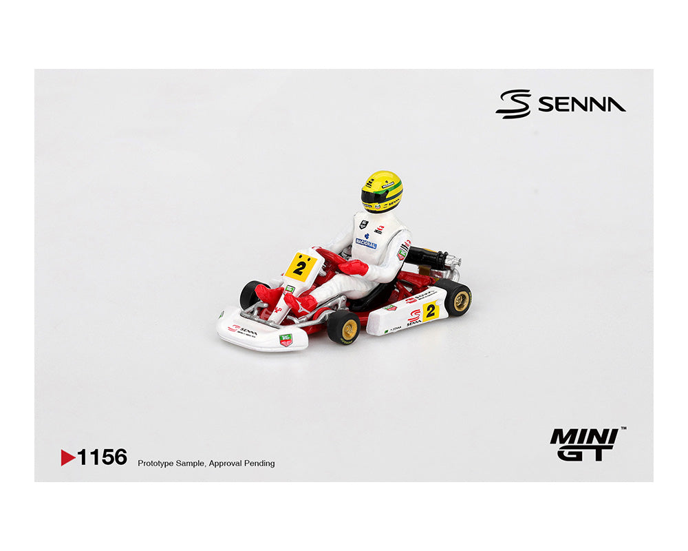 Model kart with driver figure on a white background, featuring the Senna brand.