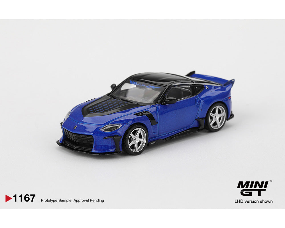 Blue sports car model on a white background with MINI GT branding.