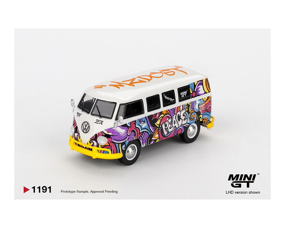 Colorful model of a Volkswagen bus with graffiti-style design on a white background, featuring the Mini GT logo.