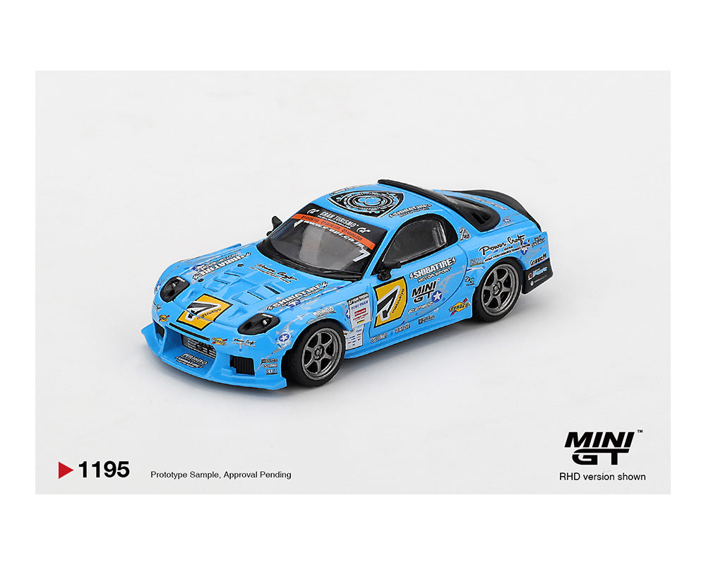 Blue model car with racing decals on a white background, featuring the Mini GT brand.