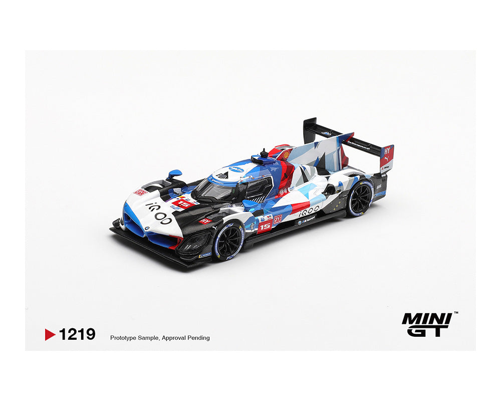 Model racing car with a colorful design on a white background, featuring the MINI GT logo.