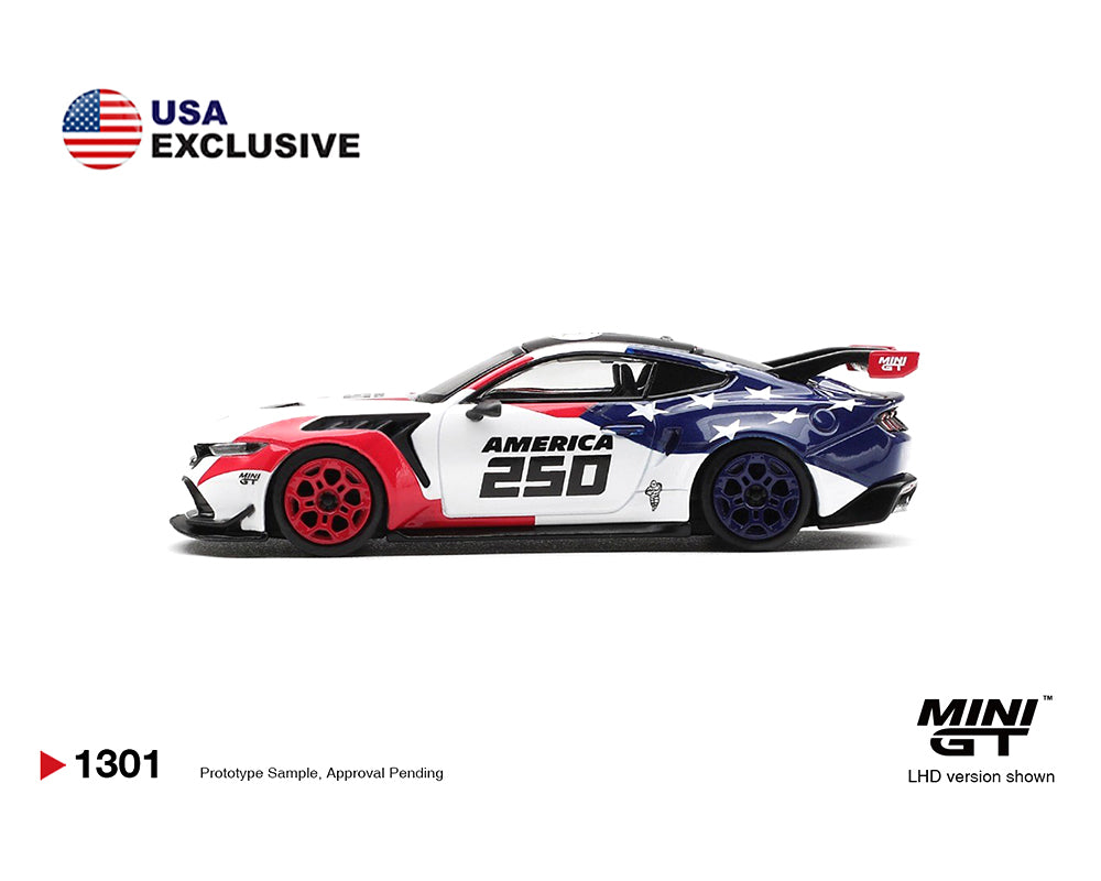 Model car with 'America 250' design on a white background, featuring the Mini GT brand.