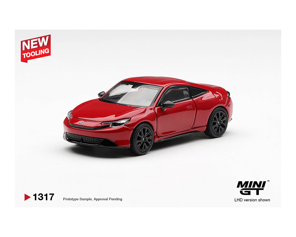 Red model car on a white background with 'MINI GT' branding.